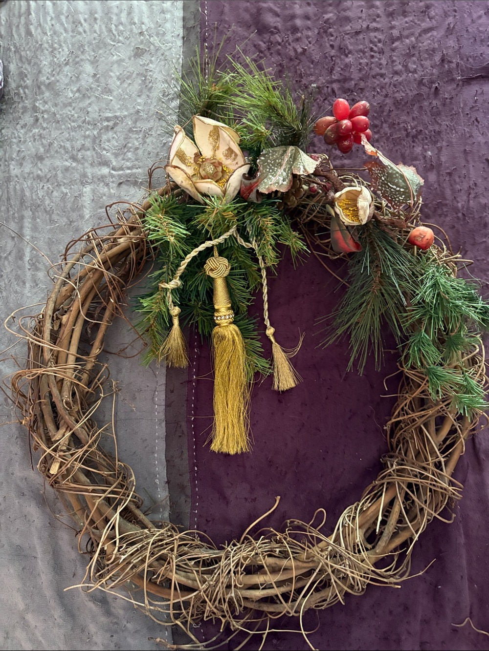 Handcrafted Grapevine Holiday Wreath with Gold Tassel and Pine Accents